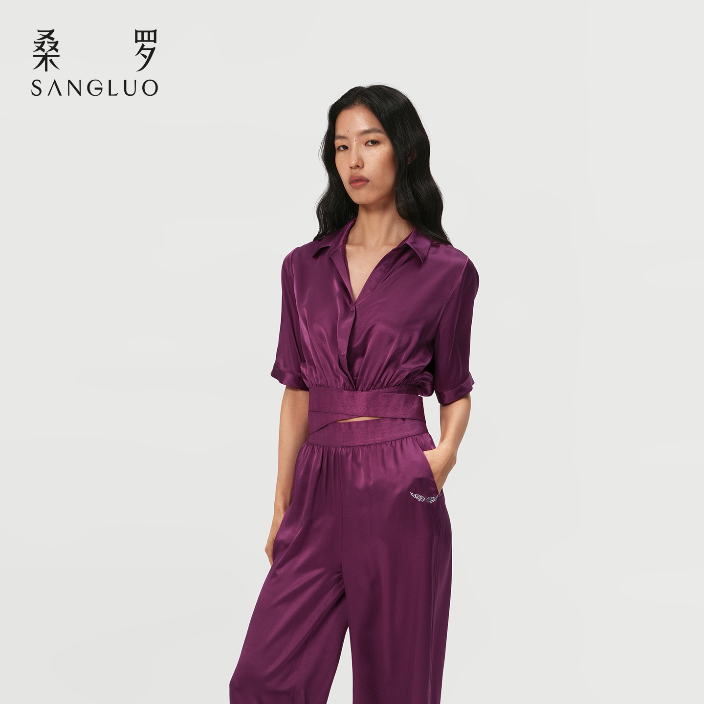 桑罗玫红真丝衬衫睡衣睡裤套装