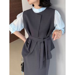 套装 高品质显瘦西装 无袖 马甲 配腰带1185 江左 半身裙女 韩版