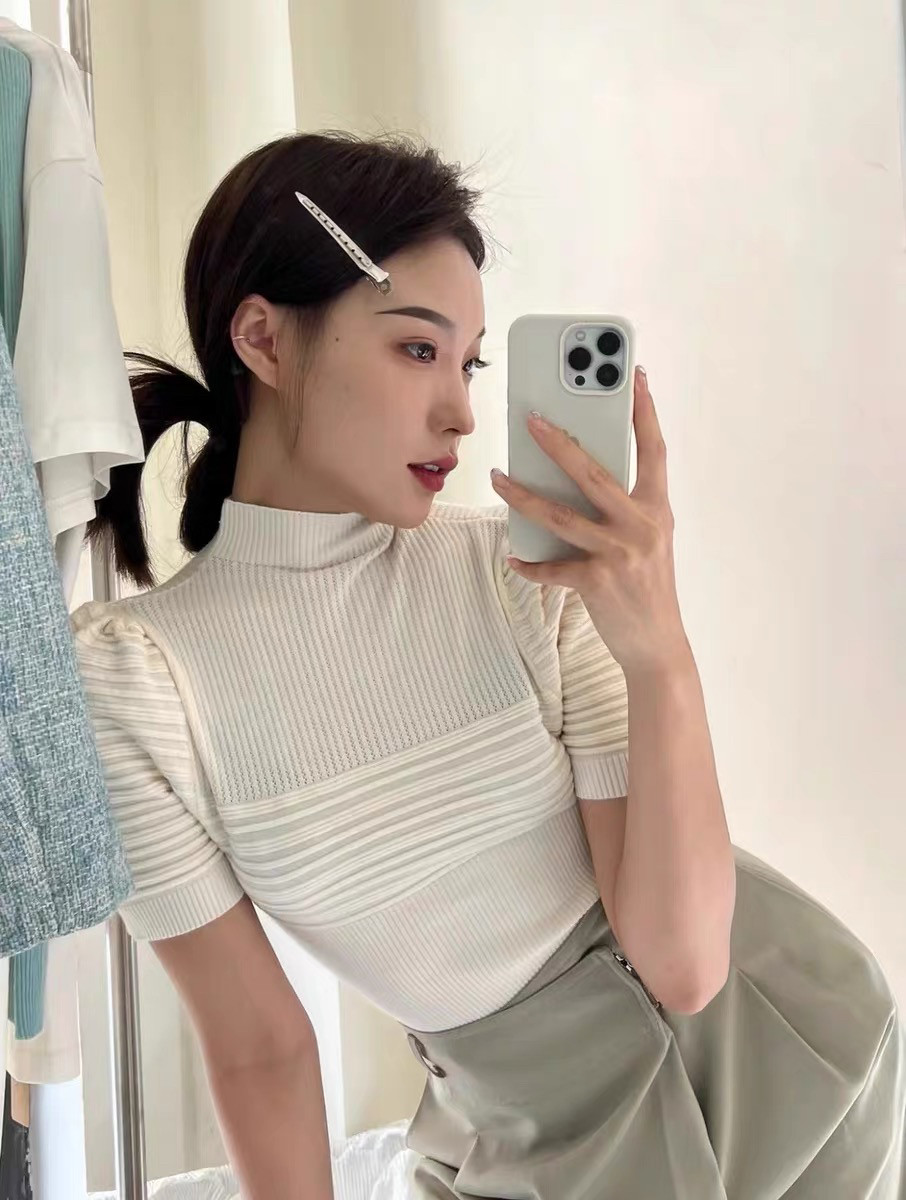 法式冰丝短袖针织衫女夏季惠美新款半高领泡泡袖小个子修身上衣