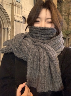 韩版羊毛混纺针织纯色毛线情侣灰色围巾女秋冬加厚保暖百搭围脖男