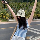 薄款 2025新款 渔夫帽帽女夏季 镂空钩花草编帽子出游遮阳盆帽水桶帽