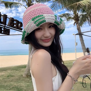 拼色镂空编织渔夫帽子女夏季 2025新款 韩系甜美百搭遮阳防晒盆帽潮