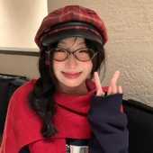 红色格子贝雷帽女秋冬日系复古英伦风百搭显脸小画家帽子八角帽