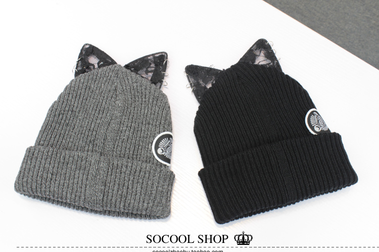 South Korea tide brand demon angle lace cute cute cat ear knitting wool hat female autumn and winter new