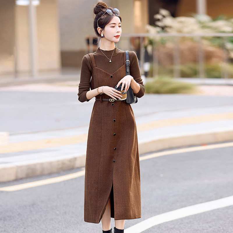 套装女秋季大码杭派半高领打底衫吊带裙复古格子优雅气质两件套