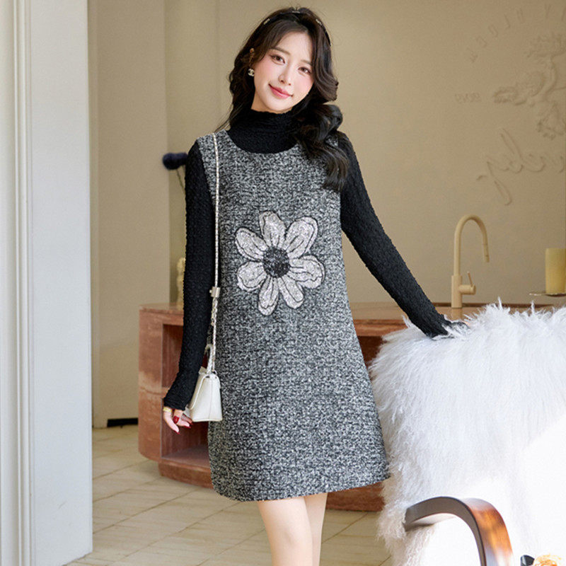 套装女秋季大码杭派高领打底衫背心裙亮片太阳花法式优雅两件套