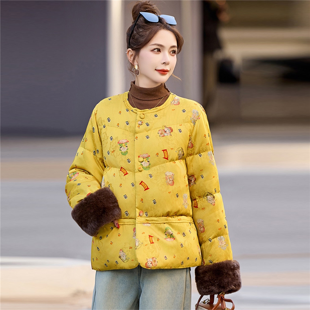 羽绒服女冬季新款大码杭派白鸭绒圆领拼接袖毛国风印花中式短外套