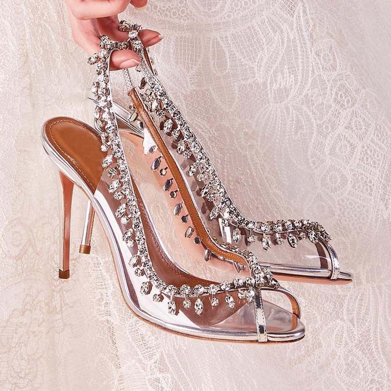 欧美新款水钻流苏高跟鞋PVC鱼嘴后空凉鞋2025早春超高跟婚鞋仙女,女鞋,时装凉鞋,淘宝优惠券,粉丝福利购,淘宝优惠卷