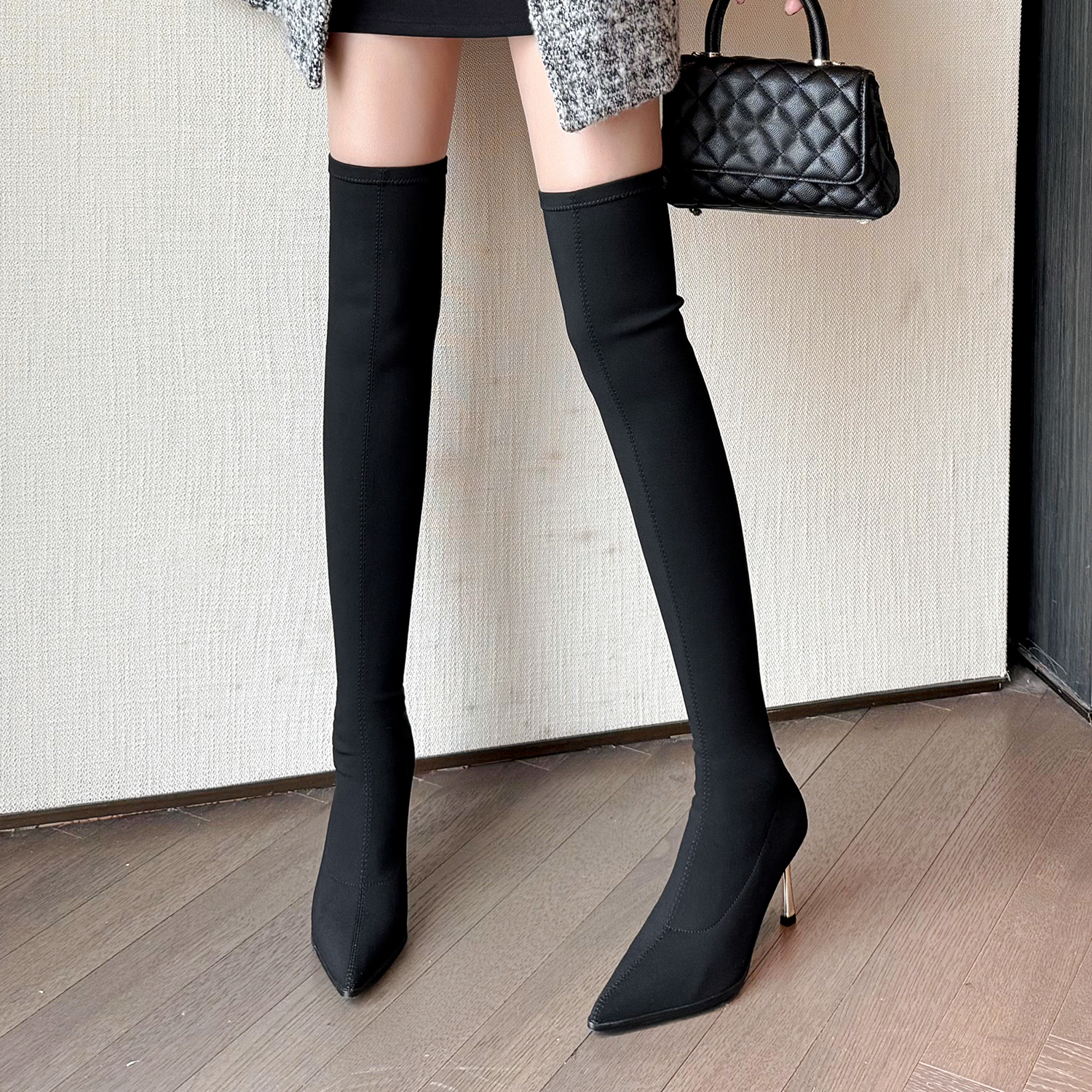 高级感尖头高跟弹力瘦瘦靴长靴