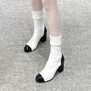 2023新款 高级感小香风拼色针织袜子靴法式 粗跟高筒靴女靴高跟靴子