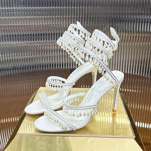 新娘婚鞋 女细跟宴会轻奢水晶鞋 绝美重工水钻珍珠流苏缠绕高跟凉鞋