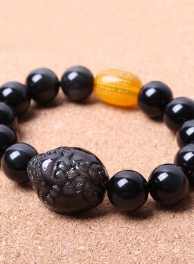 黑曜石皮丘貔貅手链佛珠手串女男士财大方帅气本命年吉祥礼物