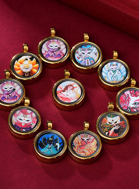 唐西藏唐卡嘎乌盒凤尾狐桃花狐九尾狐小吊坠 唐卡随身项链