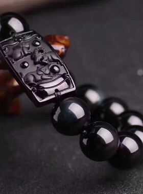 天然黑曜石生肖三合贵人猪兔羊手链招旺运男女款佛珠