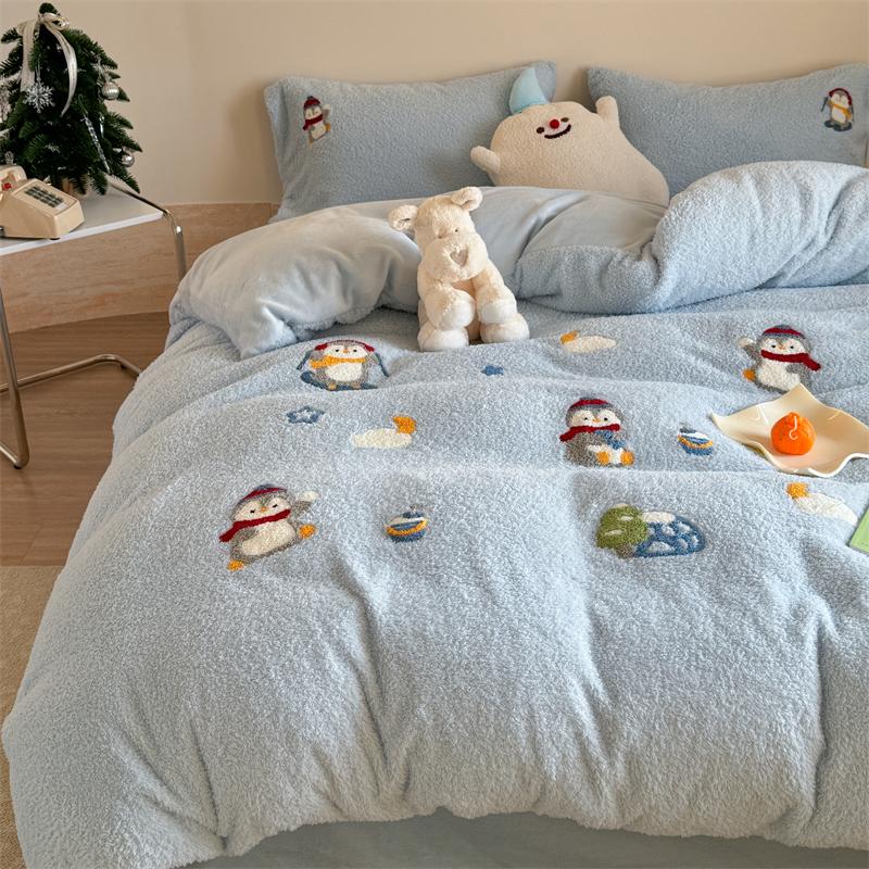 冬季儿童卡通毛巾绣泰迪绒四件套