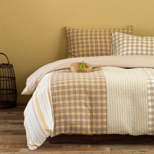 水洗更柔软 纯棉透气松式 复古森系日式 拼接撞色色织双层纱四件套