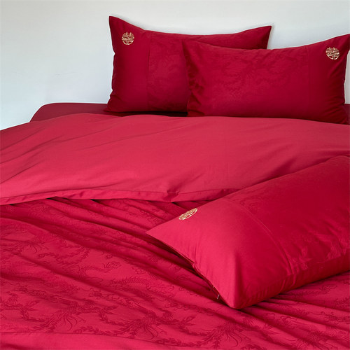 中式婚庆红色双喜刺绣床上六件套