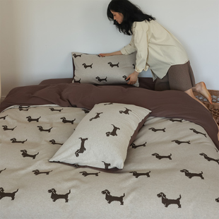 日式 纯棉柔软A类森系儿童床品 儿童卡通腊肠狗提花针织棉四件套