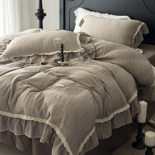 复古森系条纹荷叶边色织双层纱四件套 床品 全棉柔软皱皱纱法式