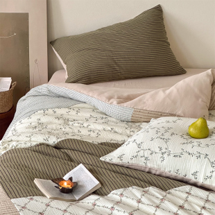 复古森系手工拼接撞色皱皱纱四件套 柔软纯棉双层纱田园风床品