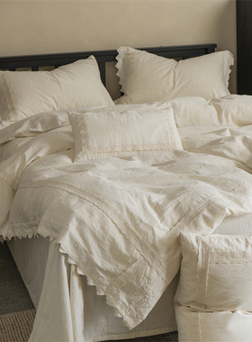 日式名宿风白色棉麻四件套森系素雅复古轻法式花边床笠式床上用品