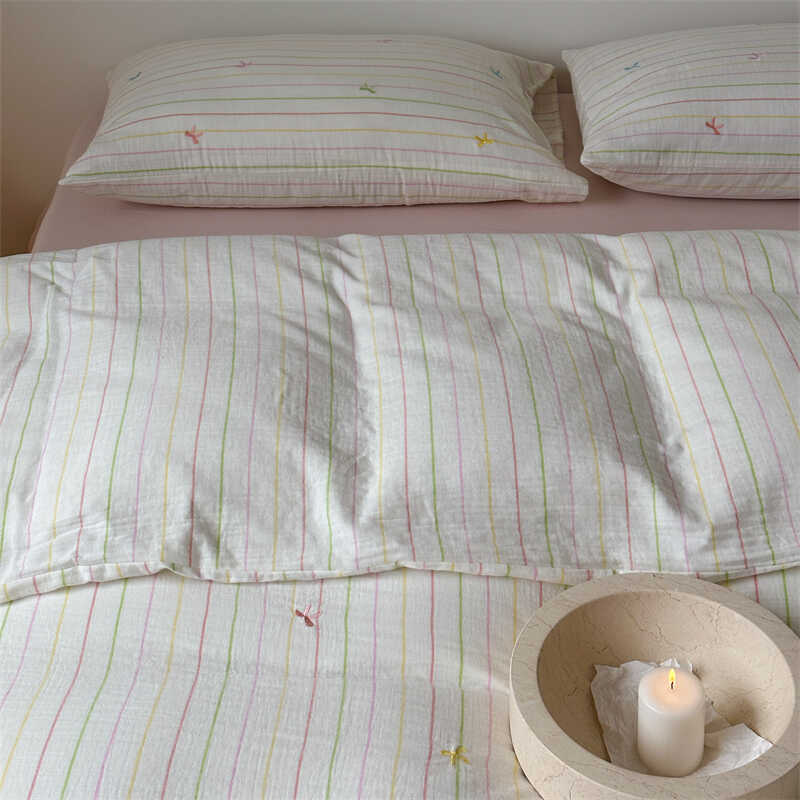 太太说|少女清新蝴蝶结刺绣双层纱四件套全棉简约条纹床上用品