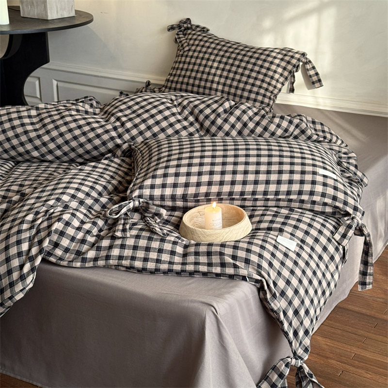 复古森系蝴蝶结格纹双层纱四件套纯棉透气绉布纱简约日式床上用品