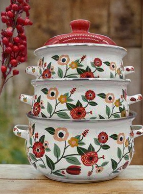 加厚搪瓷锅三件套双耳汤锅家用炖锅平底锅电磁炉煲汤煮面辅食奶锅