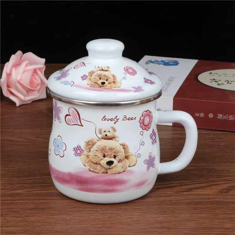 幼儿园带盖家用加厚茶缸搪瓷卡通