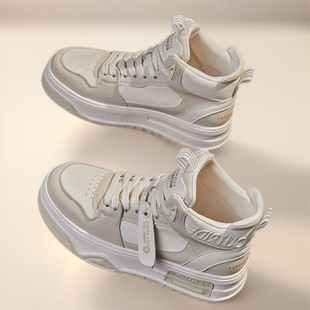 潮四季 厚底高帮板鞋 加绒真皮百搭小众运动休闲小白鞋 女新款 秋冬季