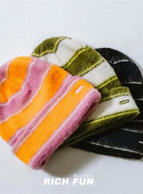 KANGOL Fuzzy Stripe Beanie袋鼠秋冬新款毛绒多色条纹针织帽冷帽