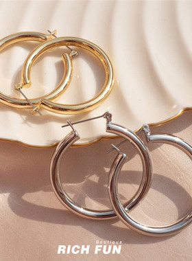 LUVAJ经典大圈粗圈Hoops欧美明星小众超模同款镀金银圆形耳环耳圈
