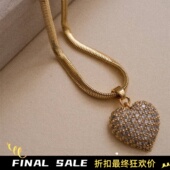 LUVAJ NECKLACE镀金满钻爱心吊坠百搭蛇骨链ins HEART PAVE PUFFY