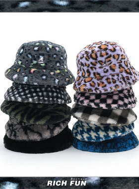 袋鼠Kangol Faux Fur Bucket秋冬格纹小众仿皮草毛绒平顶渔夫帽子