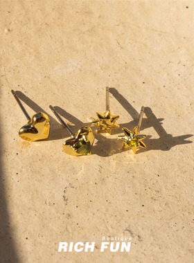 美国LUVAJ新款MOLTEN HEART STUDS SET复古宝石爱心星星叠戴耳钉