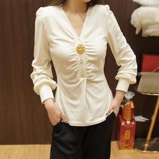 RL轻奢法式灯笼袖上衣丝绒衬衫衬衣显瘦遮肉秋冬厚打底衫内搭女装