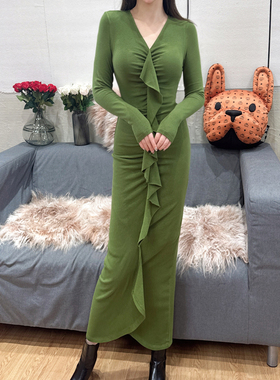 RL慕斯羊绒荷叶边连衣裙显瘦遮肉v领长袖弹力针织裙开叉裙子大码