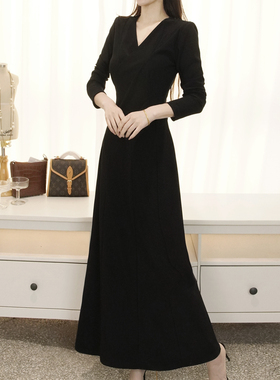 RL秋冬新款法式搭V领收腰显瘦大摆加厚连衣裙高个厚款超长裙大码