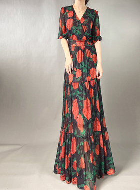 RL蜜香豆新品超长大摆连衣裙显瘦遮肉沙滩裙海边度假印花长裙大码