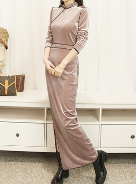 RL冬季滚边军统风加厚金丝绒新中式国风超长旗袍裙显瘦高个大码女