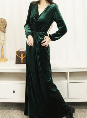 RL2026冬新款V领造型褶金丝绒A字大摆连衣裙显瘦高个超长裙大码