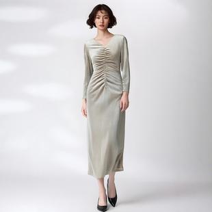 RL新款连衣裙褶皱收腰显瘦遮肉百搭丝绒裙超长裙子年会小礼服大码