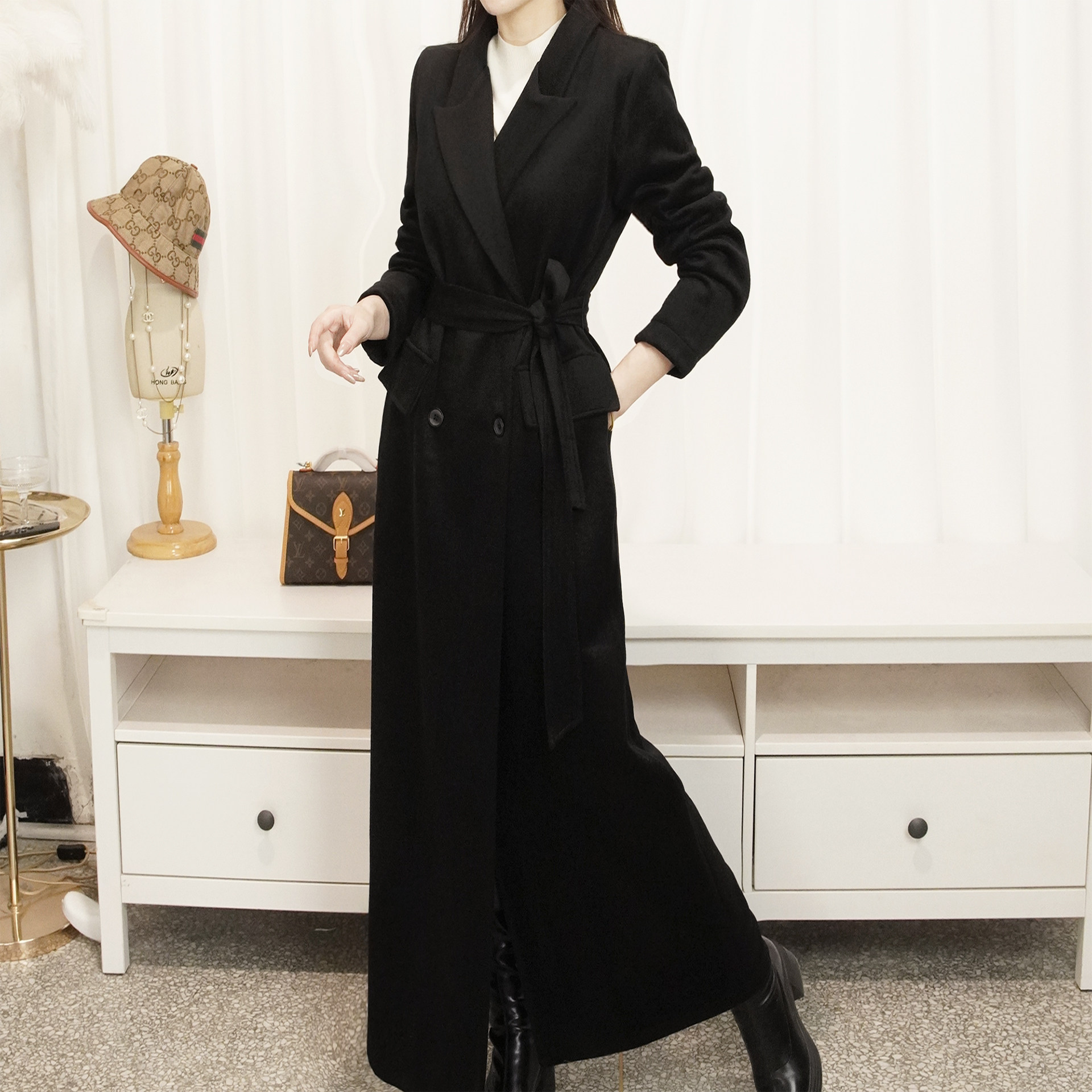 双面手缝毛呢大衣超长外套大码女