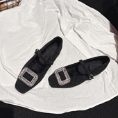 水钻装 饰一字带毛呢玛丽珍鞋 加绒晚晚风毛毛鞋 2CM方跟 方头仙女鞋