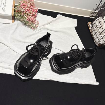 7CM增高~轻便厚底系带翘头德比鞋女真皮配堆堆袜小皮鞋深口乐福鞋