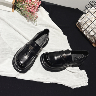 jk深口单鞋 5CM增高 手抓纹小皮鞋 春新款 轻便粗跟三角标真皮乐福鞋