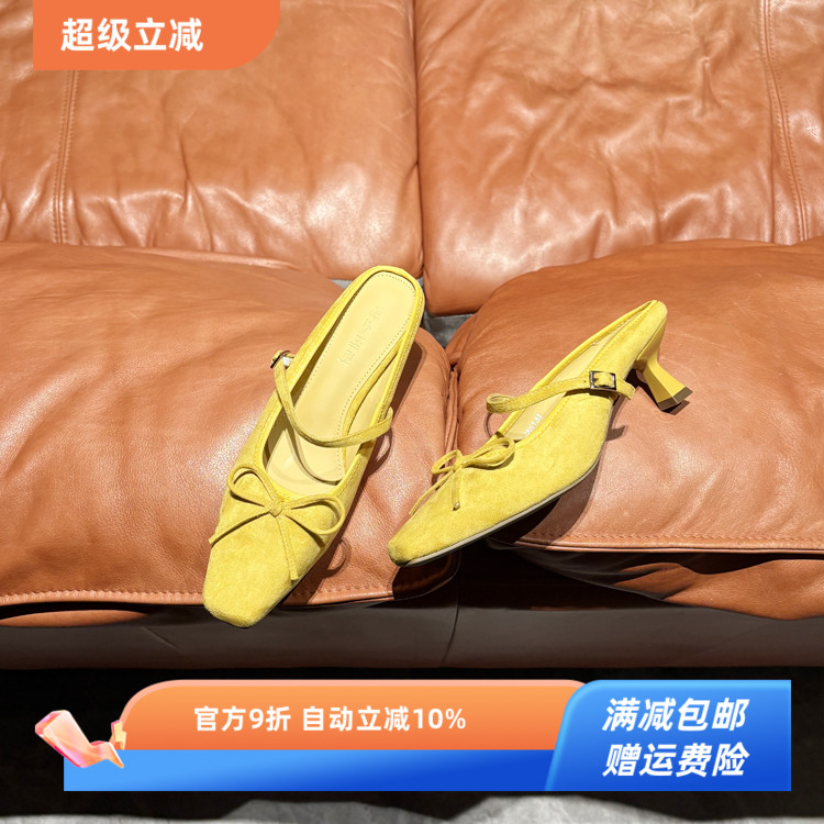 小香风~蝴蝶结细跟包头拖女外穿2025夏新款中跟凉拖ins风半拖女鞋
