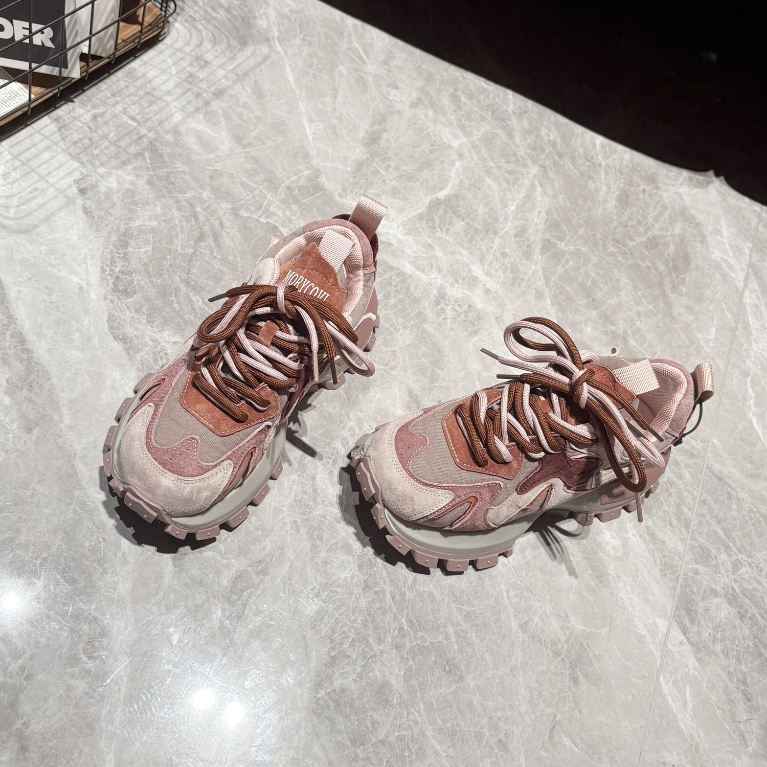 韩国单~小厚底真皮拼接老爹鞋女