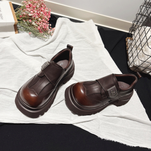 翘头德比鞋 春真皮配堆堆袜小皮鞋 女 轻便厚底魔术贴乐福鞋 6CM增高