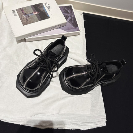7CM厚底~欧货拉链装饰翘头德比鞋女配堆堆袜牛津鞋英伦小皮鞋单鞋